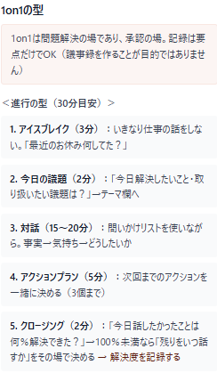 1on1進行ガイドの提供画面をスマートフォン枠に配置したイメージ。